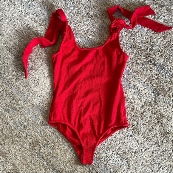Angel Biba Ribbed Body Suit Tie Shoulder Straps Sleeveless Bright Red: Small - Picture 2 of 10